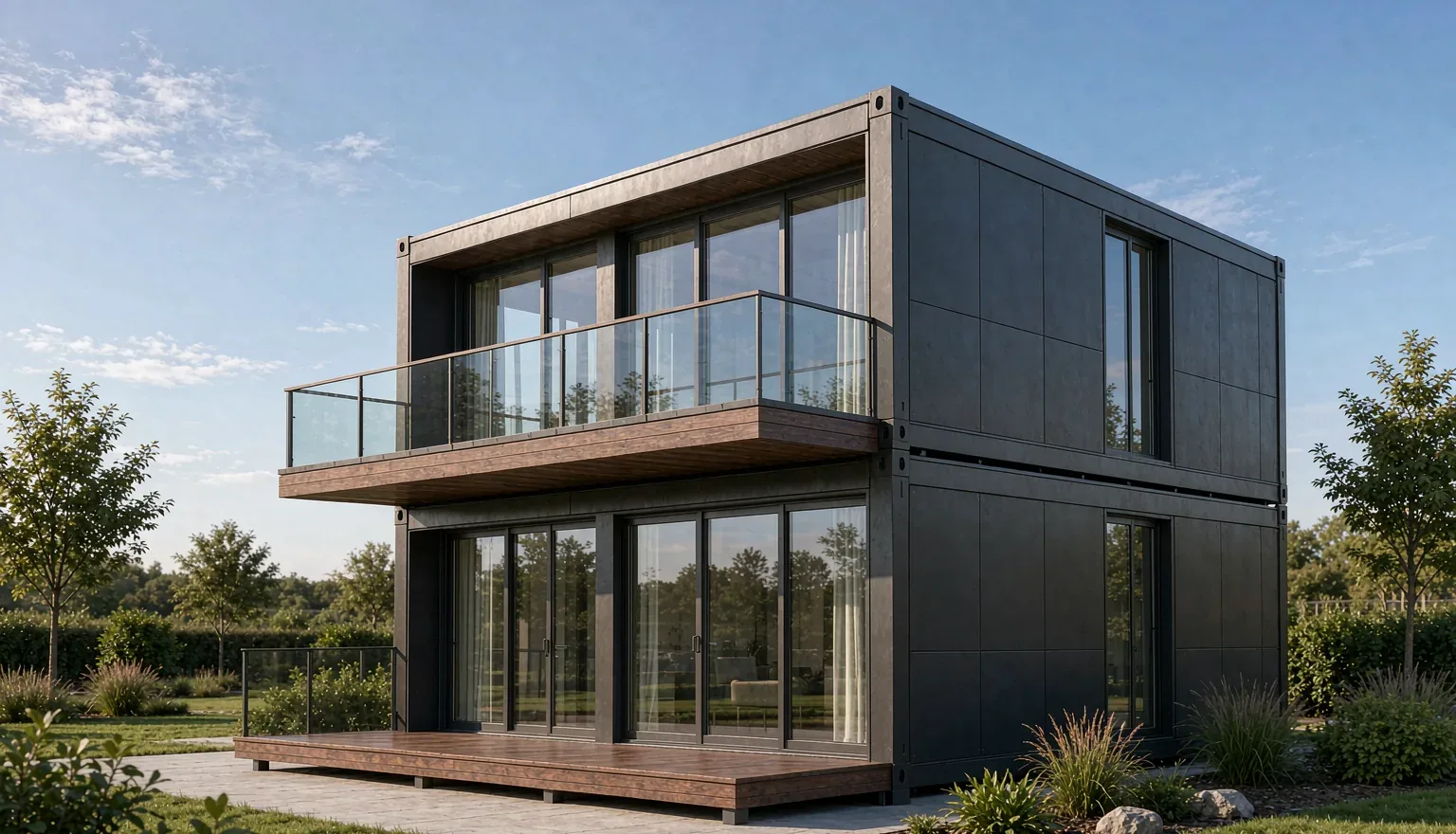 Modular unit house made of stacked container modules with glass facade