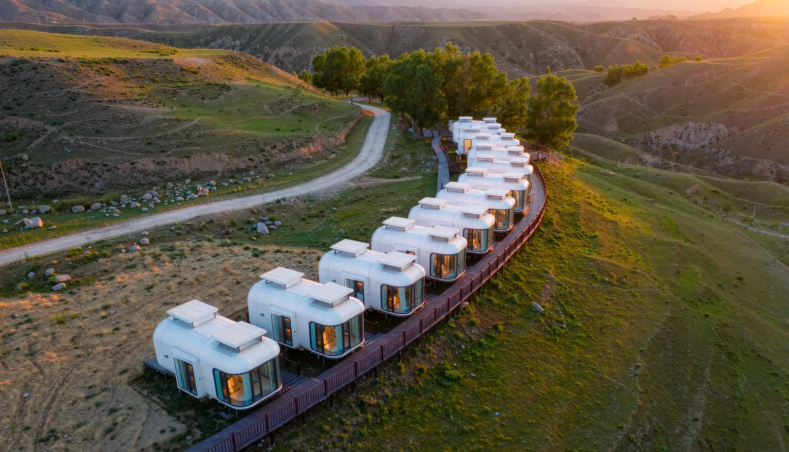 Aerial view of a capsule cabin camp on a green hillside